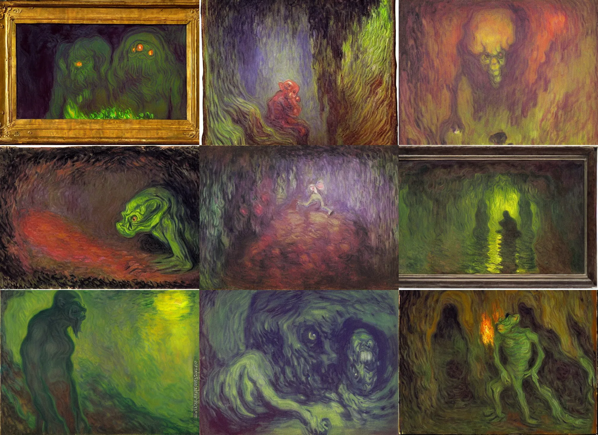 Prompt: weird nasty fleshy slimy goblin creature in a dark cave, torchlight, impressionist painting, claude monet, dreamy hazy