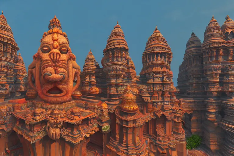 Image similar to high quality 3 d dreamscape! mumbai with biomorphic hanuman!! head building, kalighat highly detailed, unreal engine cinematic smooth, stephen shore & john j. park, soft morning light, wide shot, high angle, uhd 8 k, deep focus