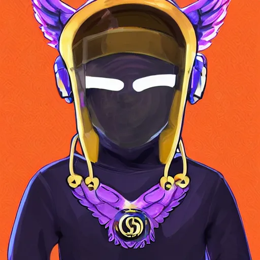 Image similar to baby Angel, baby cherub,wearing angel, face covered, Gucci, x logo, halo, ski mask, balaclava, face covered, wearing angel halo covered face, orange hoodie, hip hop, multiple golden necklaces, fantasy art apex fortnite Video game icon, 2d game art gta5 cover , official fanart behance hd, artstation by Jesper Ejsing, by RHADS, Makoto Shinkai and Lois van baarle, ilya kuvshinov, rossdraws