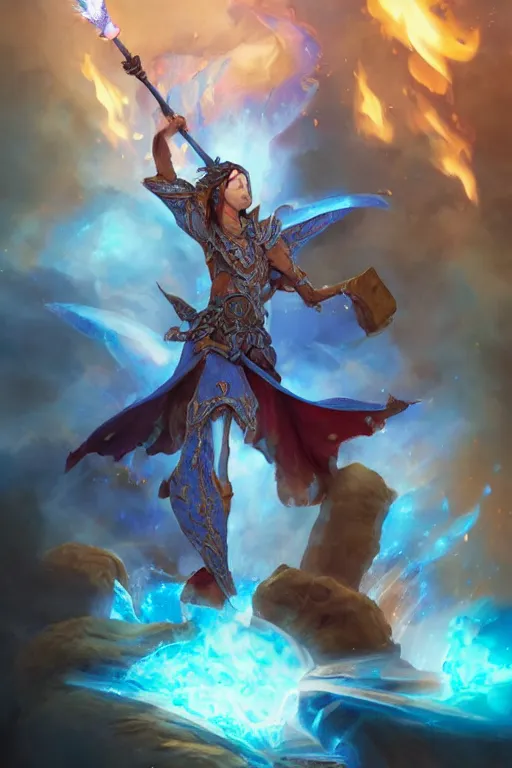 Image similar to legendary fairy prince hold flame staff, blue energy, highly detailed, d & d, fantasy, highly detailed, digital painting, trending on artstation, concept art, sharp focus, illustration, global illumination, ray tracing, realistic shaded, art by artgerm and greg rutkowski and fuji choko and viktoria gavrilenko and hoang lap