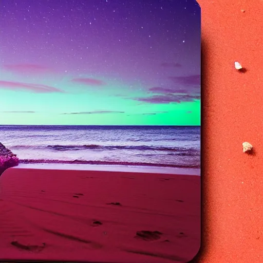 Image similar to purple refrigerator, red sand beach, green ocean, nebula sunset