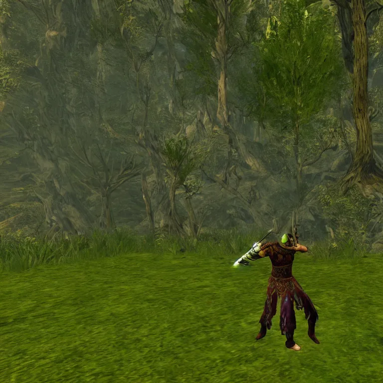 Image similar to a funky wizard dancing in a green glade, skyrim pc screenshot