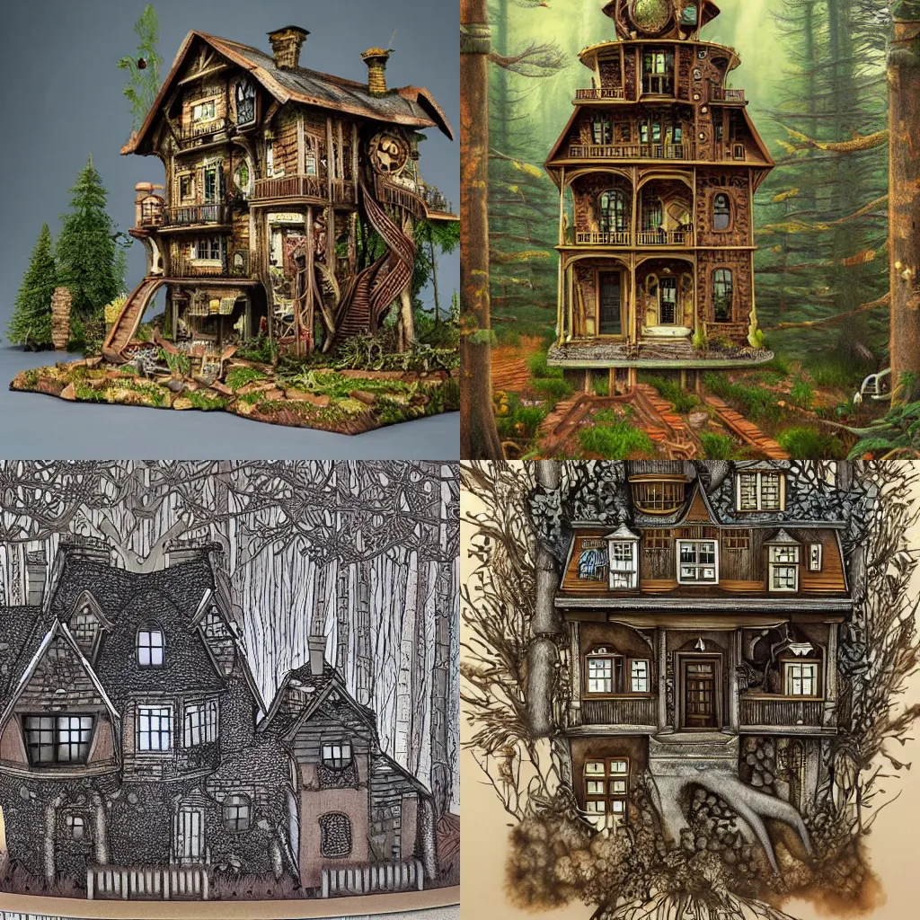 Prompt: A steampunk house in a forest by Margaret Brundage, detailed, 4k, intricate.