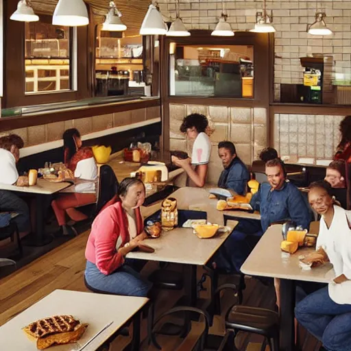 Image similar to realistic wafflehouse restaurant interior with employees and people eating breakfast