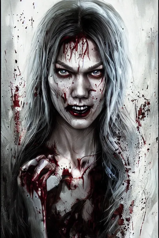 Image similar to movie poster of Karlie Kloss staring in a 1980 horror movie, zombie themed, by artgerm and greg rutkowski