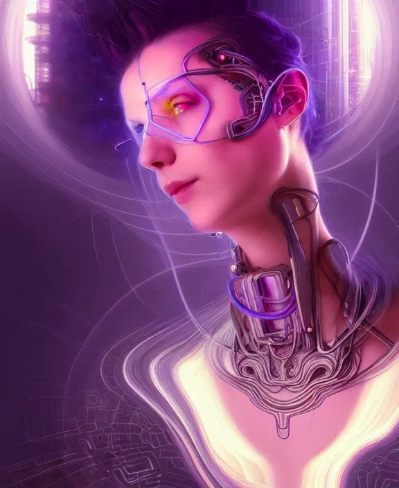 Image similar to a whirlwind of souls rushing inside the metaverse, hologram, half body, neurochip, shaved temple, piercing, jewelry, android, cyborg, cyberpunk face, by loish, d & d, fantasy, intricate, elegant, highly detailed, colorful, digital painting, artstation, concept art, art by artgerm and greg rutkowski and alphonse mucha