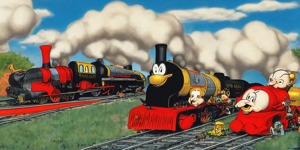 Prompt: steam locomotives drag racing side by side, smoky and steamy air, carl barks style