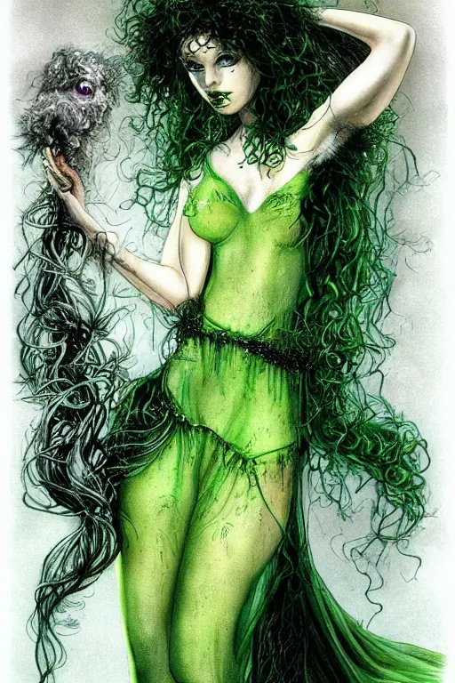 Prompt: full body portrait of lily cole as delirium from sandman, wearing a green dress and fishnet stockings by luis royo