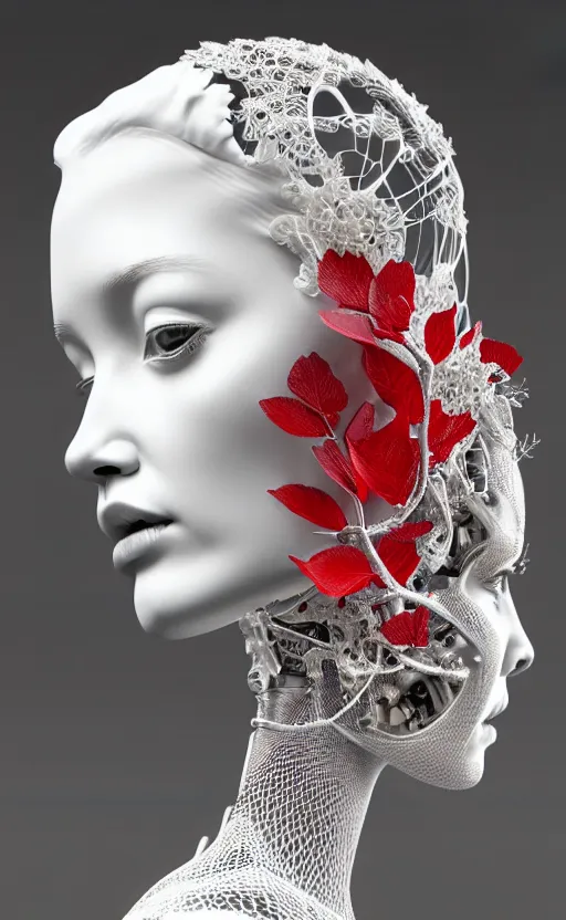 Image similar to complex 3d render ultra detailed of a beautiful porcelain profile woman face, mechanical cyborg, 150 mm, beautiful 3 point lighting, rim light, silver gold red details, luxurious magnolia with leaves and stems, roots, Alexander Mcqueen haute couture, fine foliage lace, mesh wire, filigran intricate details, hyperrealistic, mandelbrot fractal, anatomical, robotic parts, facial muscles, cable electric wires, microchip, elegant, octane render, 8k post-processing