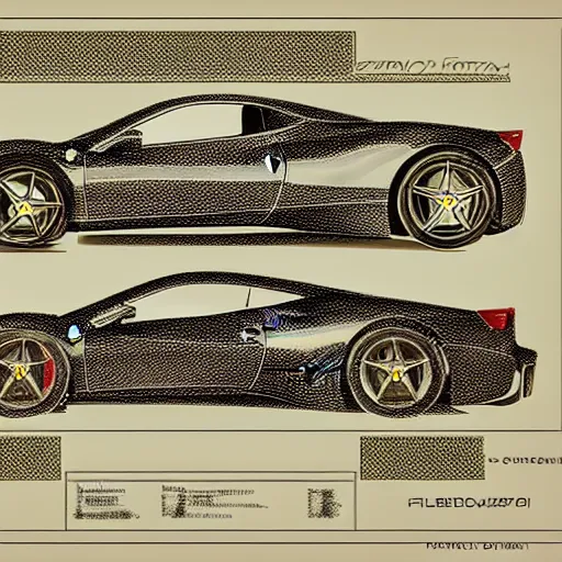 Image similar to ferrari 4 5 8 italia schematics by leonardo da vinci