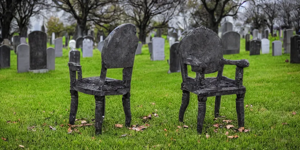 Prompt: a photo of a haunted chair in a cemetery
