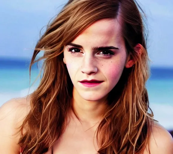 Image similar to color still shot of emma watson on bikini destinations tv show, face closeup,