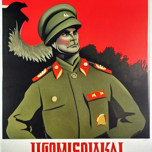 Prompt: soviet propaganda poster depicting a emu in military uniform