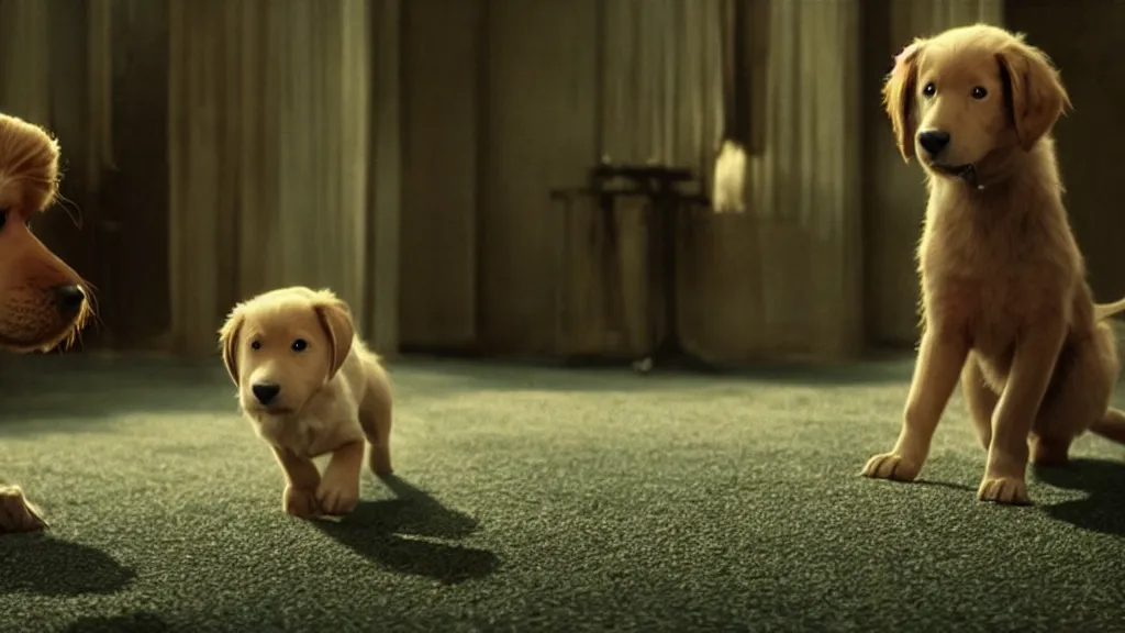 Prompt: a very nice puppy, with a long long long tail, film still from the movie directed by denis villeneuve and david cronenberg with art direction by salvador dali and dr. seuss