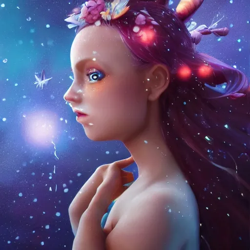 Image similar to magical fairy floating in space, epic cartoon portrait made out of rain, beautiful face, stunning concept art, highly detailed, galaxy background, rendered in octane, unreal engine, trending on artstation, realistic, diviantart