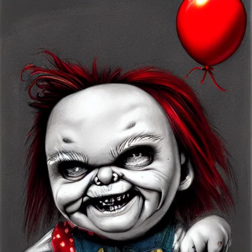 Image similar to surrealism grunge cartoon portrait sketch of chucky with a wide smile and a red balloon by - michael karcz, loony toons style, my little pony style, horror theme, detailed, elegant, intricate