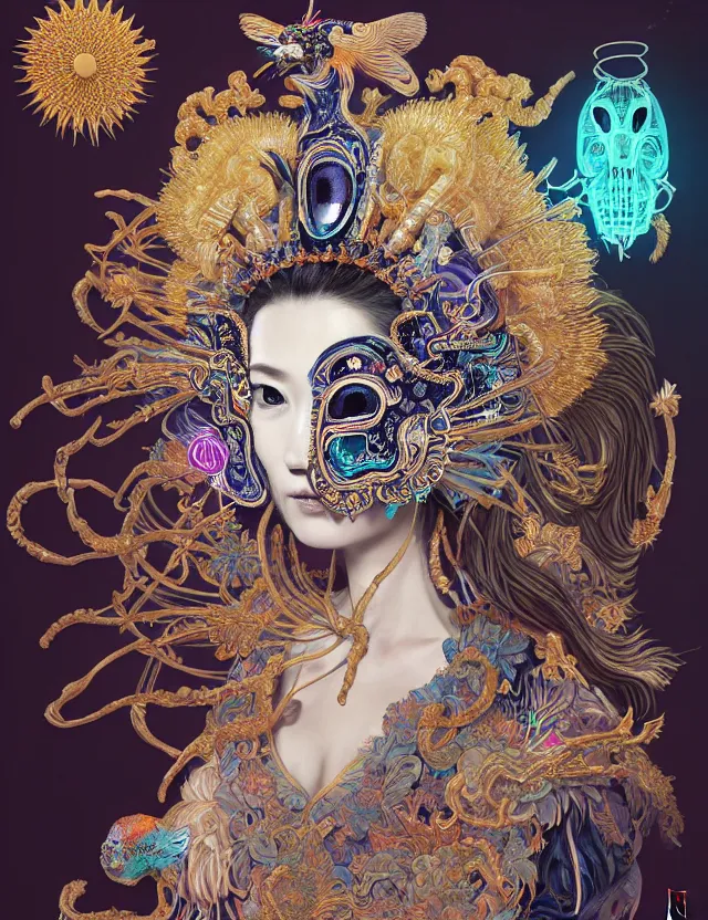 Image similar to goddess portrait with mask and crown made of ram skull. beautiful intricately detailed japanese crow kitsune mask and clasical japanese kimono. betta fish, jellyfish phoenix, bioluminescent, plasma, ice, water, wind, creature, super intricate ornaments artwork by tooth wu and wlop and beeple and greg rutkowski