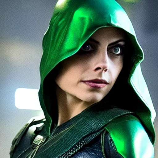 Image similar to film still of willa holland as green arrow in the 2 0 1 7 film justice league, minimal bodycon feminine costume, dramatic cinematic lighting, inspirational tone, suspenseful tone, promotional art