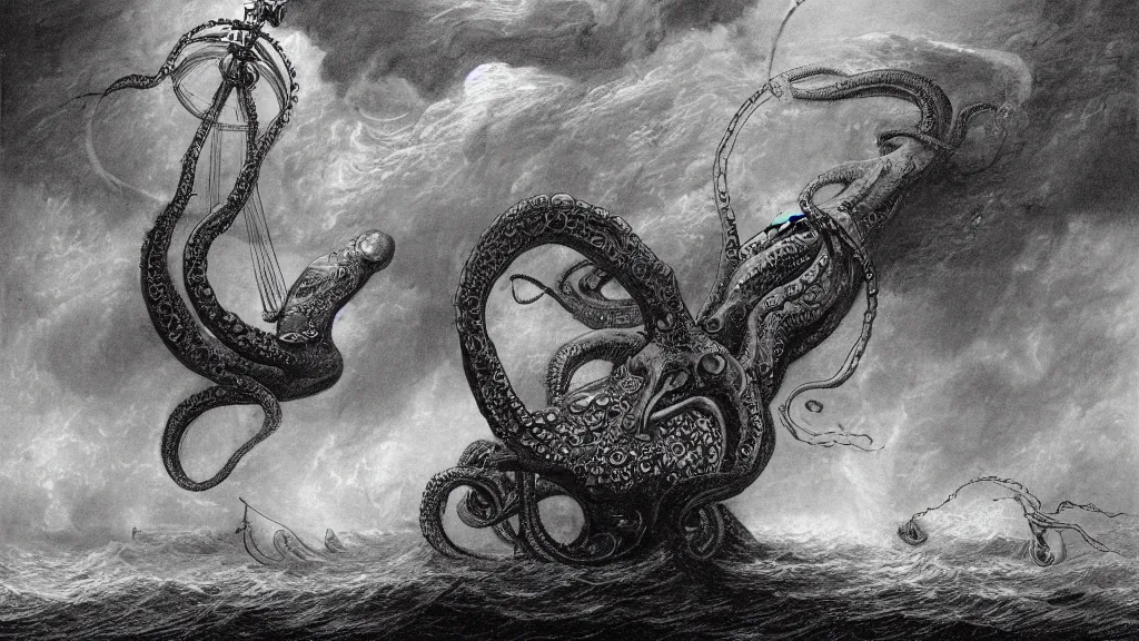 Image similar to drawing of a giant octopus attacking a steampunk zeppelin above a stormy ocean, by gustave dore, nineteenth century, black and white, vintage, science fiction, epic composition, dramatic lighting, highly detailed, cinematic