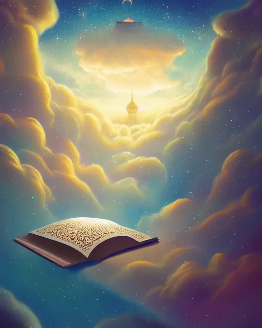 Image similar to the quran descending from the galaxy into clouds highly detailed, gold filigree, romantic storybook fantasy, soft cinematic lighting, award, pastel color palette, featured on artstation, digital art