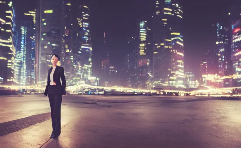 Image similar to a wide shot of a woman with a wool suit, short hair, blurred face, wearing an omega speedmaster on her wrist in front of a crowded dystopian city at night with cyberpunk lights