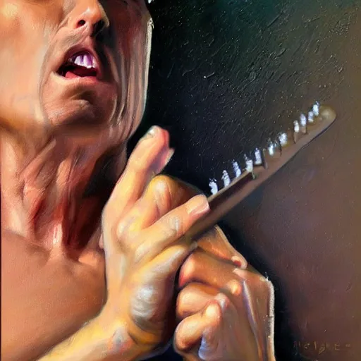 Image similar to stunning serene portrait of Maynard James Keenan singing into a hairbrush, by Mark Arian, oil on canvas, masterpiece, realism, piercing gaze, mercurial bokeh