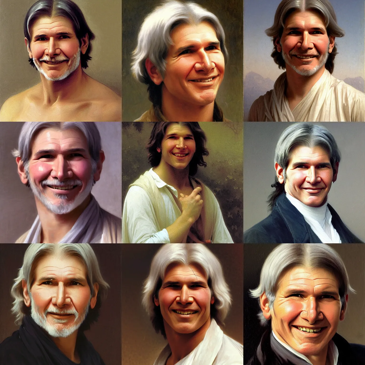 Prompt: Painting of a clean shaven Harrison Ford with long white hair. Young. Smiling. Happy. Cheerful. Art by william adolphe bouguereau. Very very very very very very very very very very very very much detailed. Beautiful. 4K. Award winning.