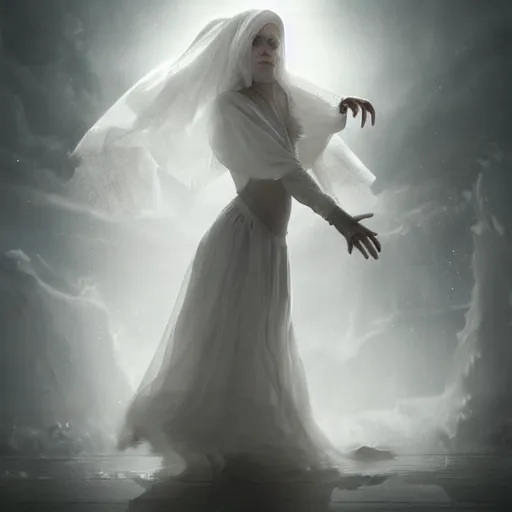 Prompt: white female dancing gost weared with white veils, matte painting, cinematic, epic composition, detailed, atmospheric, wide angle, artstation trending