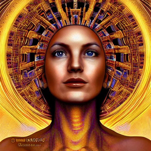 Image similar to cinematic realistic photo of golden godess portrait in the style of Alex grey