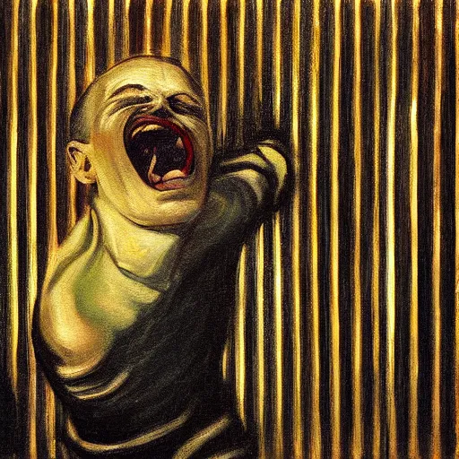 Image similar to a screaming prisoner holding prison bars, realism old painting