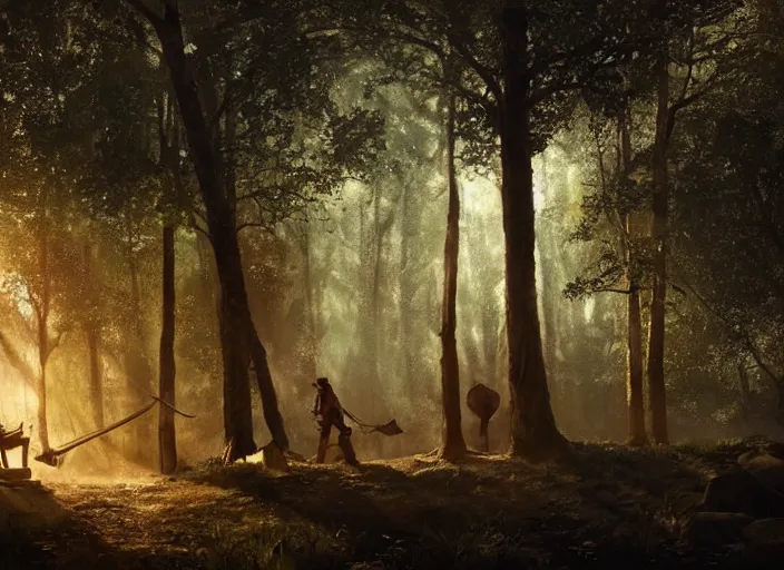 Image similar to close up cinematic artwork of Robin Hood at his camp in Sherwood forest, dusk, sun rays through the trees by Greg Rutkowski, 4k, masterpiece