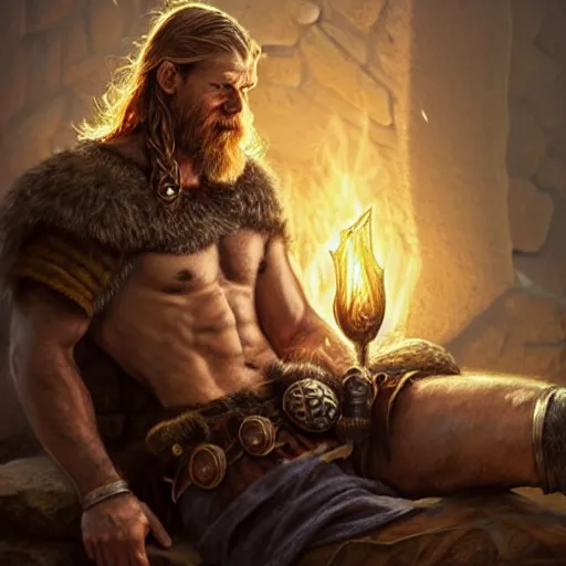 Prompt: Rugged male Viking warrior relaxing by the fire, relaxed, D&D, muscular, upper body, fantasy, intricate, elegant, highly detailed, digital painting, artstation, concept art, smooth, sharp focus, illustration, art by artgerm and greg rutkowski and alphonse mucha