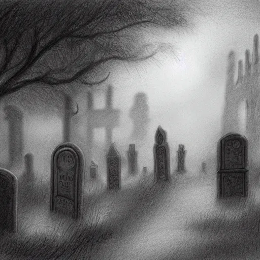 Image similar to an eerie graveyard with ancient tombstones, misty, strands of fog, creepy, night lighting, finely detailed black and white pencil drawing