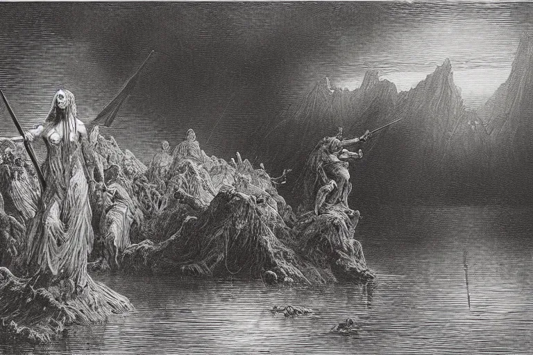 Image similar to demons near calm lake, Gustave Dore lithography