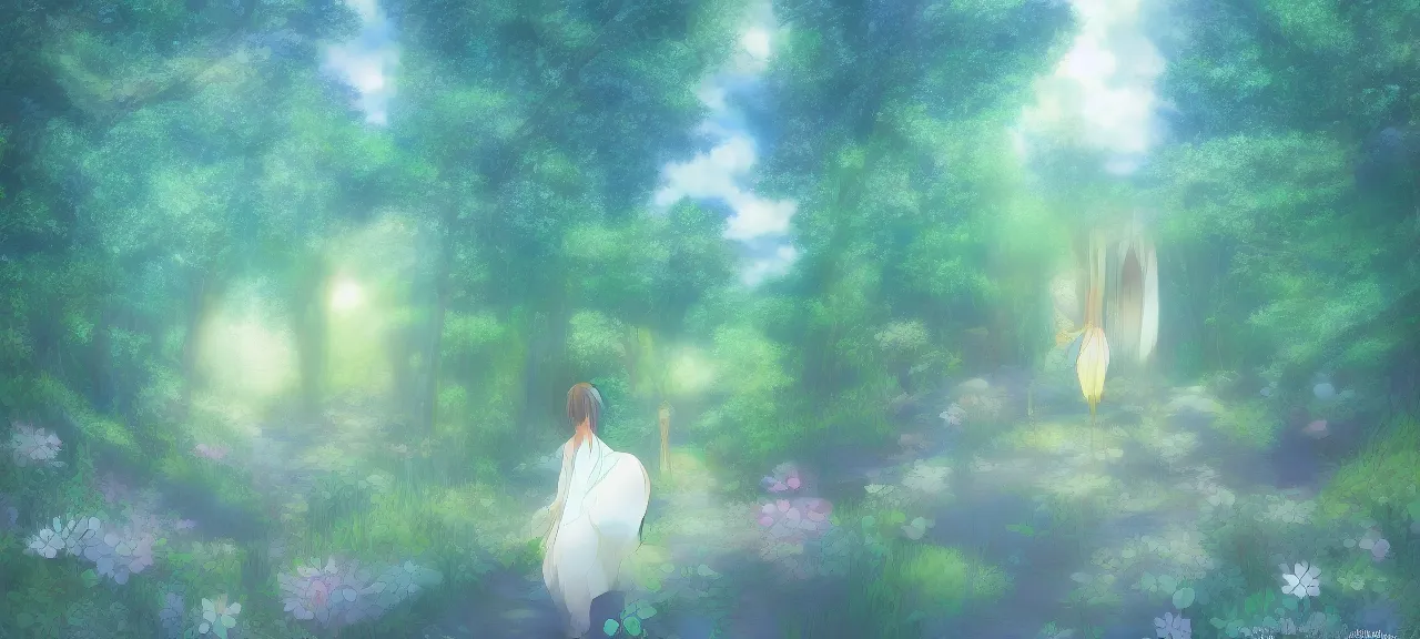 Image similar to illyasviel walking through enchanted ghibli clover | Big Moon at Blue Night | Trees with white flowers | bioluminescent blue FLOWERS | strong blue rimlit | visual-key | anime illustration | highly detailed High resolution | Light Novel | Visual Novel | In the style of Miyama-Zero, Yuuki Hagure