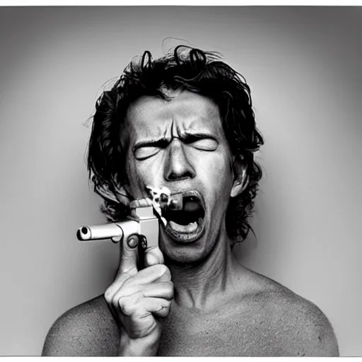 Prompt: photo of a man pointing a gun to his mouth while crying, before suicide, in the style of martin schoeller