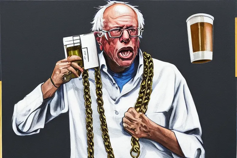 Prompt: Bernie Sanders as rap artist in the hood with gold chains and gold teeth, drinking cough syrup, carrying an Uzi, oil on canvas, artstation, portrait, masterpiece, aesthetic