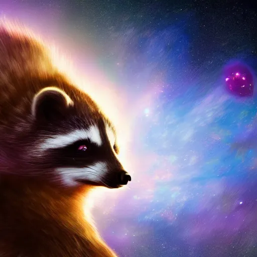 Prompt: A digital concept art painting a space cosmic racoon in the stars 4K UHD image, unreal engine