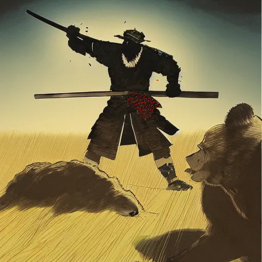 Image similar to Samurai fighting a giant bear, art by Ben Bauchau, painterly, digital art, artstation, pen and ink work. sharp focus.