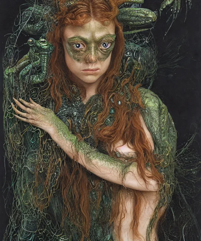 Prompt: a portrait photograph of a fierce sadie sink as an alien harpy queen with slimy amphibian skin. she is trying on black latex bulbous slimy organic membrane parasite gloves and transforming into an insectoid amphibian. by donato giancola, walton ford, ernst haeckel, brian froud, hr giger. 8 k, cgsociety