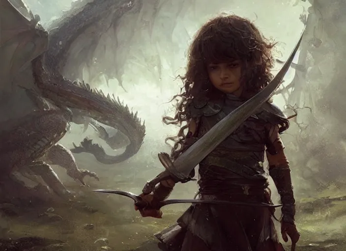 Prompt: a cute little girl with curly brown hair holding a sword faces off against a huge dragon, beautiful fantasy art by greg rutkowski.