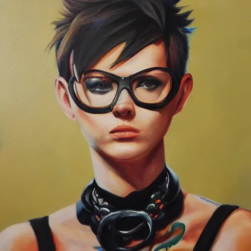 Prompt: oil painting of punk looking tracer wearing steel choker,