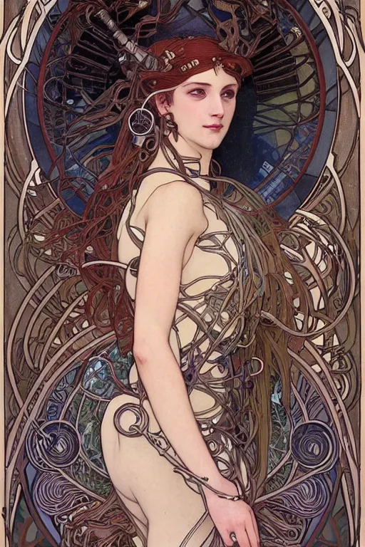 Image similar to realistic detailed portrait of a fully clothed adult cyberpunk! goddess by Alphonse Mucha, Charlie Bowater, Art Nouveau cyberpunk! style, mechanical accents!, flowing wires with leaves, rich deep moody colors