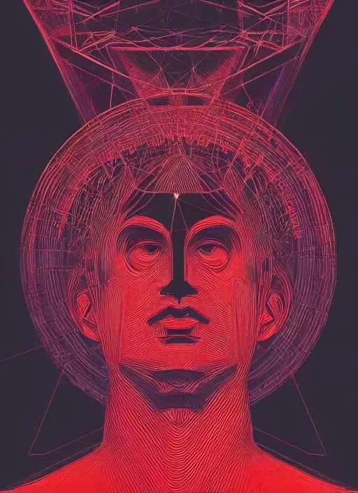 Image similar to dark design poster showing a statue of a greek god, black background with very subtle red and purple design elements, powerful, nekro, vito acconci, thin straight lines, dark, glitch art, neo vaporwave, gritty, layout frame, square, trending on artstation