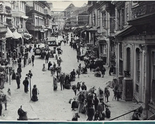 Prompt: vintage photograph of a busy neanderthal city street