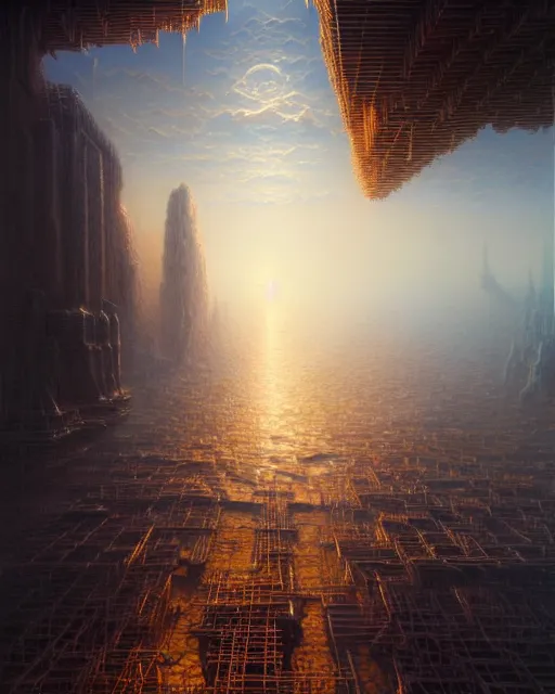 Image similar to a hyper - detailed 3 d render like a oil painting of the construction of a unified theory, surrealism!!!!! surreal concept art, lifelike, photorealistic, digital painting, aesthetic, smooth, sharp focus, artstation hd, by greg rutkowski, bruce pennington, valentina remenar and asher duran,