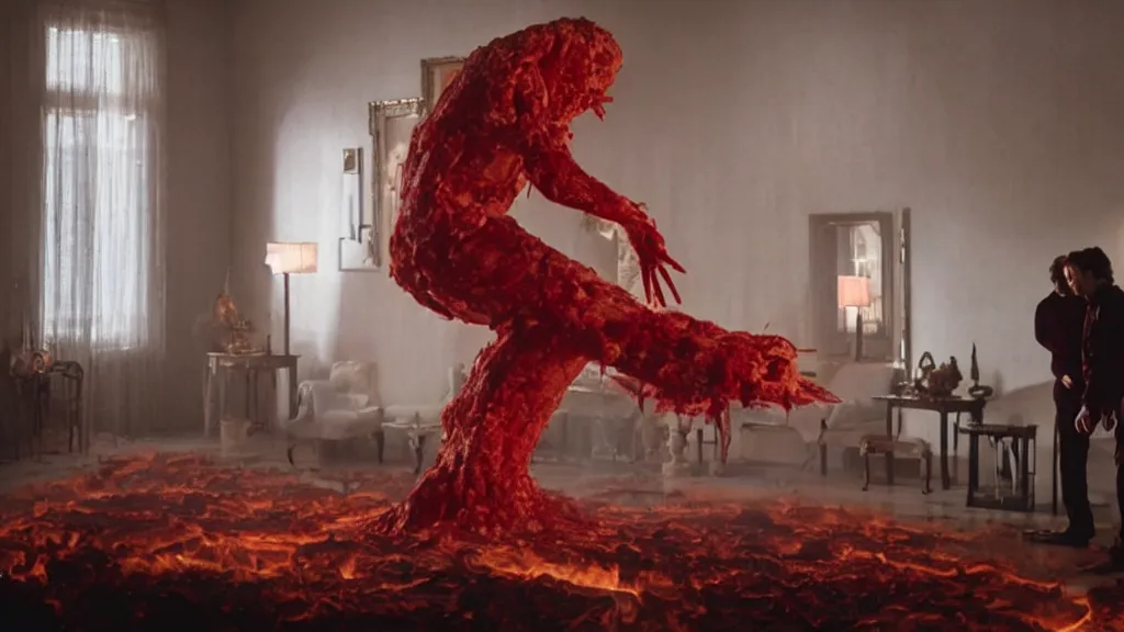 Image similar to a giant hand made of blood and fire floats through the living room holding a person, film still from the movie directed by Denis Villeneuve with art direction by Salvador Dalí, wide lens