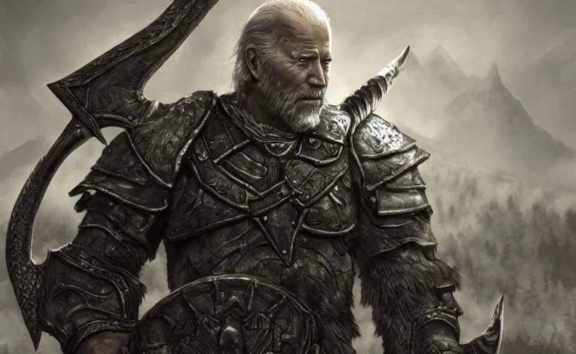 Image similar to joe biden as dovahkiin in skyrim, digital art