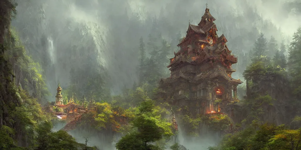 Image similar to a mystic temple on a mountain surrounded by a forest, joyful matte painting by marc simonetti and christophe vacher, trending on artstation