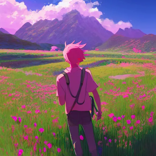 Image similar to pink haired teen boy, flower fields and mountains in the background, digital painting, artstation, highly detailed, by makoto shinkai and thomas kindle and James gilleard